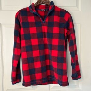 Lands’ End Youth Large (14-16) Red and Navy Blue Plaid Fleece Pullover